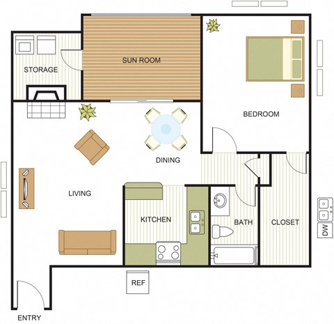 Floor plan for 1 bed, 1 bath, 858 sqft